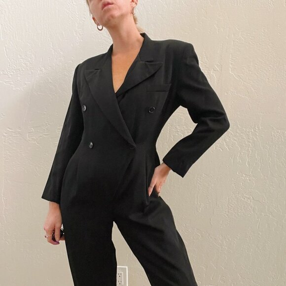 Vintage Norma Kamali Black 100% Wool Blazer Suit Long Sleeve Jumpsuit - Picture 5 of 7